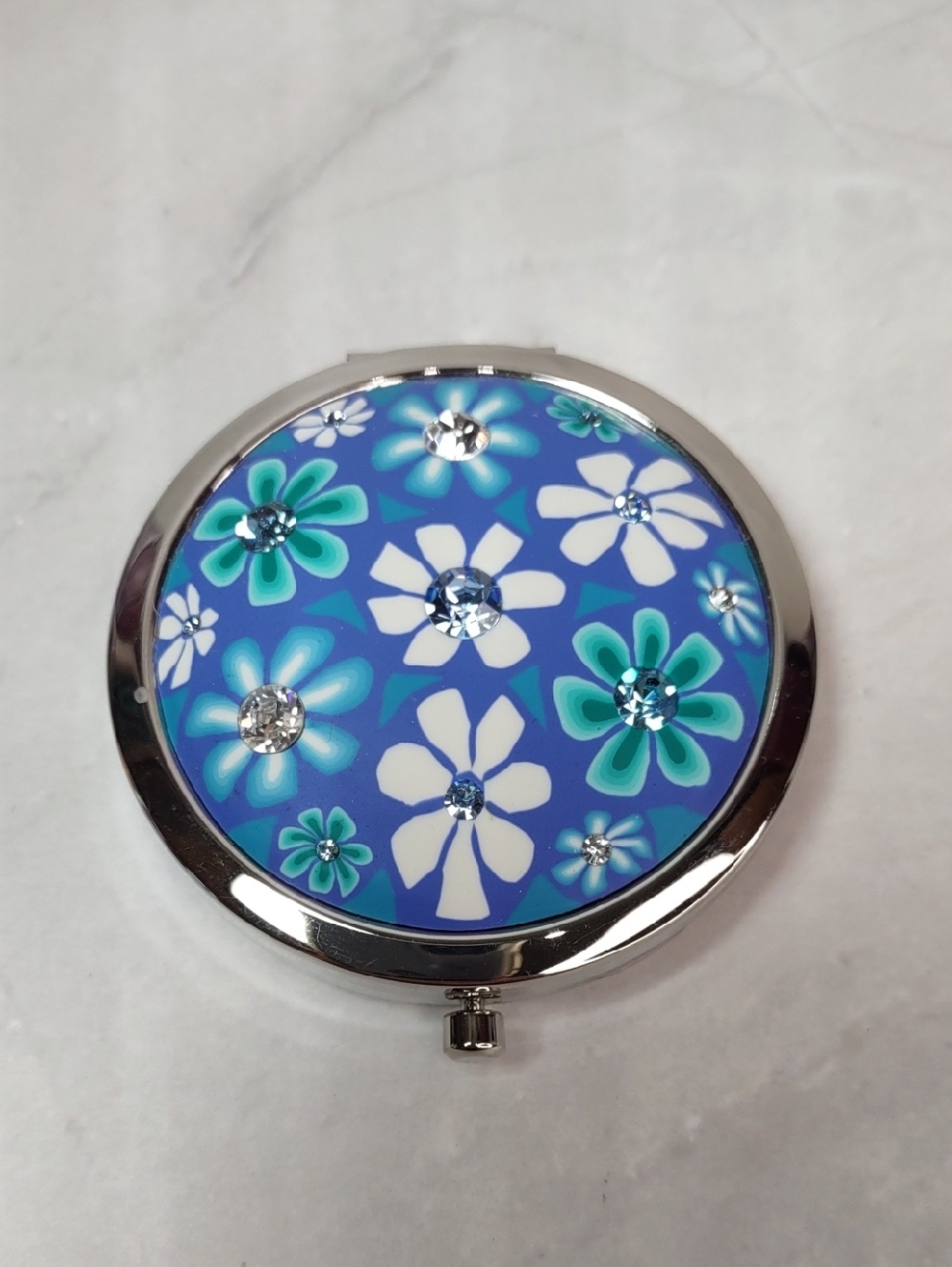 Blue Floral Compact Mirror with Rhinestones